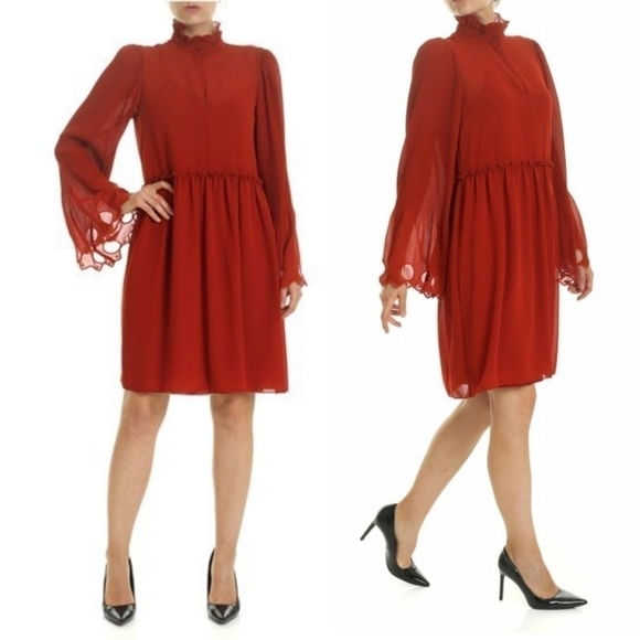 NWT See by Chloe Boho Earthy Red georgette dress with gathered collar. - Picture 3 of 15